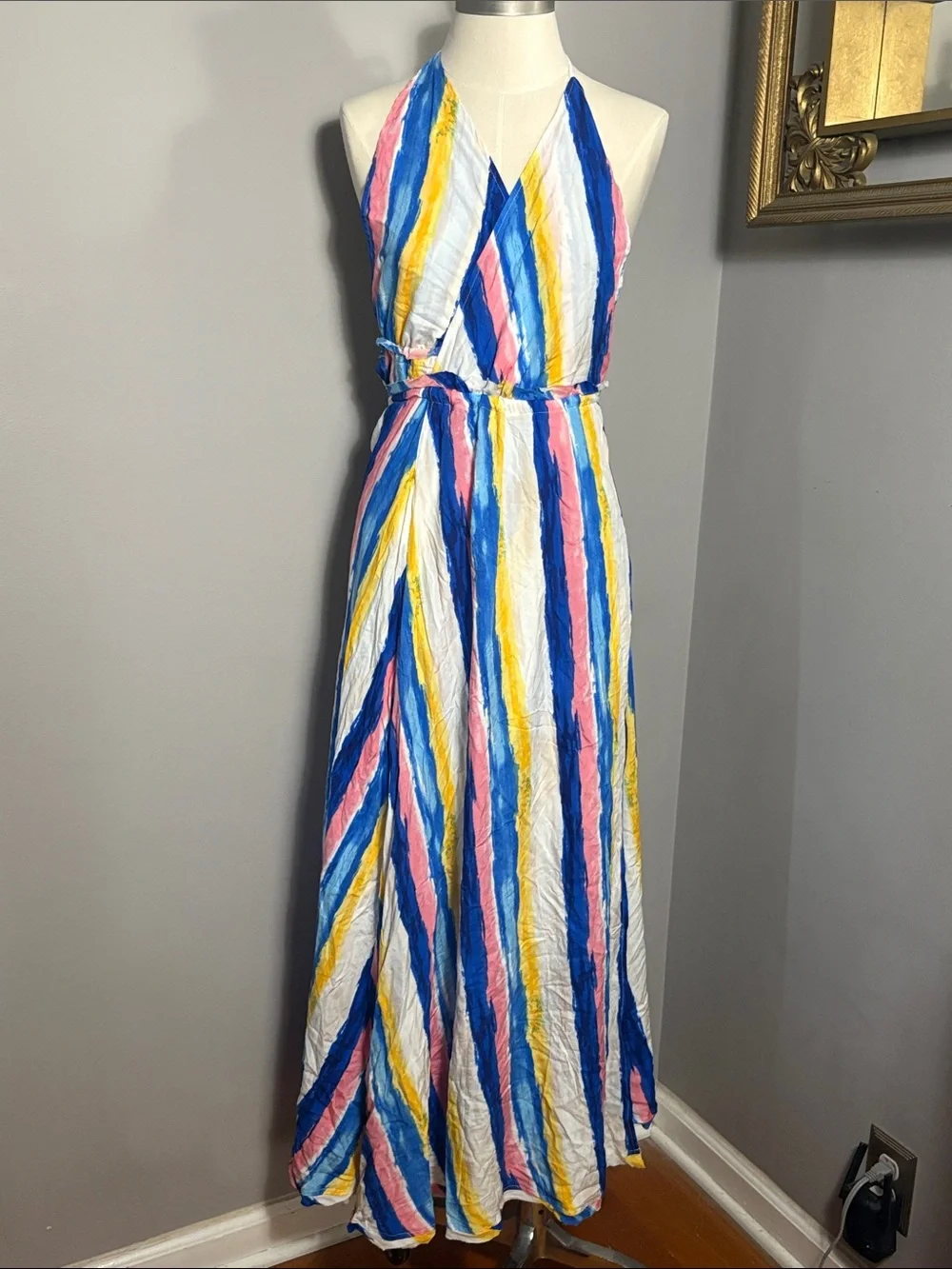 NEW Gypsy Rose Short Set Medium Striped Multicolor Halter Wrap Dress with Shorts